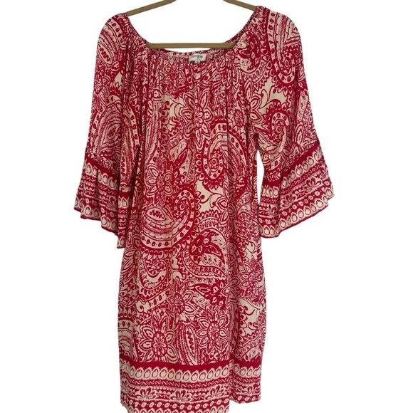 Umgee Women's SZ M Off Shoulder Bell Sleeve Red Paisley Boho Cottage Cowgirl - Picture 4 of 11